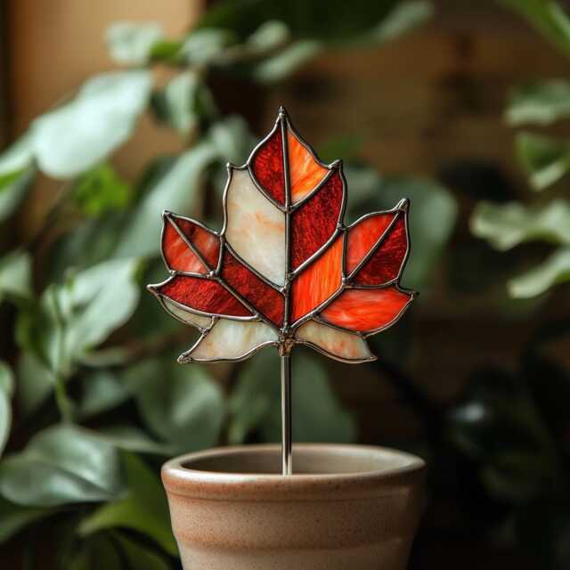 Red Maple Leaf Real Stained Glass Plant Stake - Autumn Garden Pot Decor Gift Fall For Lovers - image 1