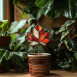 Red Maple Leaf Real Stained Glass Plant Stake - Autumn Garden Pot Decor Gift Fall For Lovers - thumbnail 2
