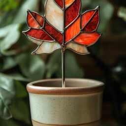 Red Maple Leaf Real Stained Glass Plant Stake - Autumn Garden Pot Decor Gift Fall For Lovers - thumbnail 3