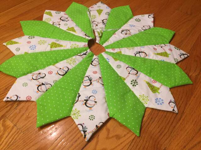 Christmas Tree Skirt, Table Top, Mini Tree, Penguin, Small, Juvenile, Red, Lime Green, Quilted - image 1