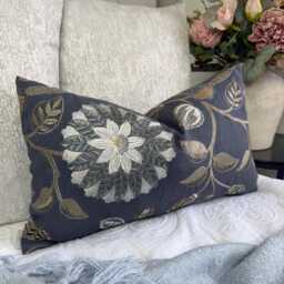 Adeline Navy Embroidered Cushion Cover 14x20 Colefax Fowler Floral Linen Pillow