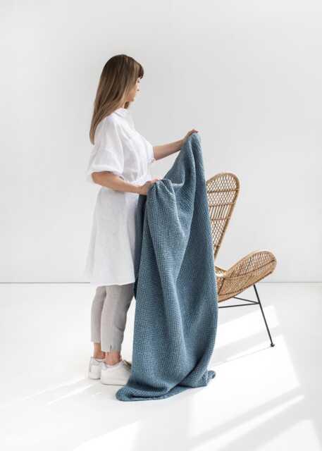 Gray Blue Waffle Linen Throw - Cool Couch Blanket Textured Bed Layer Stonewashed Sofa Cover Coastal Minimalist Home Accent - image 1