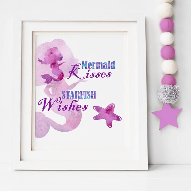 Mermaid Wall Art Downloadable Print, Baby Shower Gift, Nursery Decor, Girl's Room Kisses & Starfish Wishes, Watercolor - image 1