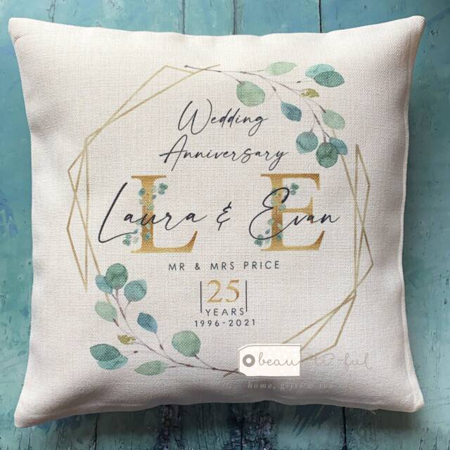 Personalised Mr Mrs Wedding Anniversary 25 50 1St .. Geometric Eucalyptus Greenery Design Linen Style Cushion Decor Cover