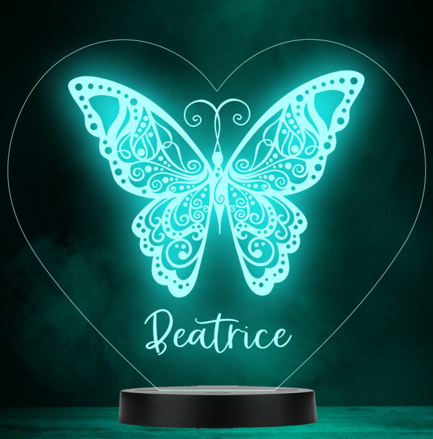 Girls Butterfly Heart Name Personalised Gift Colour Change Led Lamp Night Light - image 1