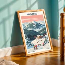 Feldberg Ski Scene Poster - Pink & Blue, Green White Art - Vintage Travel Retro Illustration Living Room Decor - thumbnail 2
