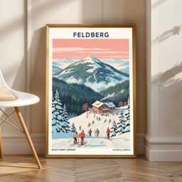 Feldberg Ski Scene Poster - Pink & Blue, Green White Art - Vintage Travel Retro Illustration Living Room Decor - thumbnail 1