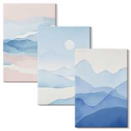 Canvas Set Of 3 - Blue & Pink Mountain Landscapes in Watercolor, Photo Print, Wall Decor - thumbnail 2