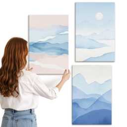Canvas Set Of 3 - Blue & Pink Mountain Landscapes in Watercolor, Photo Print, Wall Decor - thumbnail 1