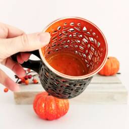 Handmade Tealight Holder With Handle - Fall Lantern Centerpiece Ceramic Candle Farmhouse Light - thumbnail 3