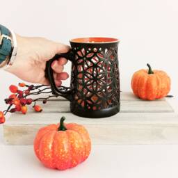 Handmade Tealight Holder With Handle - Fall Lantern Centerpiece Ceramic Candle Farmhouse Light - thumbnail 1