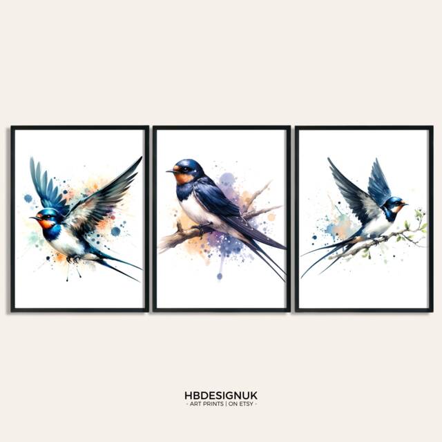 Swallow Print Bird Poster - Set Of 3 Pictures - Watercolour Posters Watercolor Gifts Decor Prints Animal Wall Art - image 1