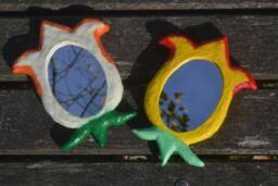 Set Of 2 Wall Mirrors Tulip Shaped, Decor, White & Yellow Mirror, Small Paper-Mache Tulips, Decorative