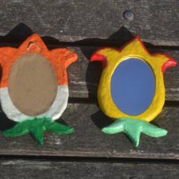Set Of 2 Wall Mirrors Tulip Shaped, Decor, White & Yellow Mirror, Small Paper-Mache Tulips, Decorative - thumbnail 2