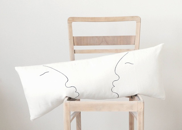 White Linen Lumbar Pillow Cover Minimalist Kiss Design - image 1