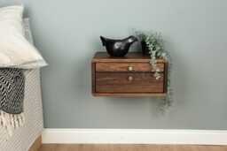 Floating Nightstand With Two Drawers in Solid Oak - Modern Metal Handle