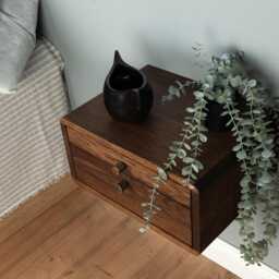 Floating Nightstand With Two Drawers in Solid Oak - Modern Metal Handle - thumbnail 2