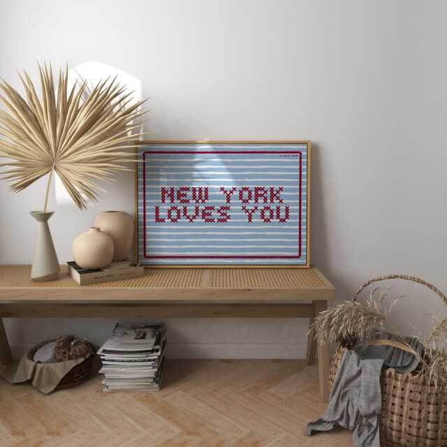 New York Loves You Cross Stitch Art Print, Retro Typography Wall Decor - image 1