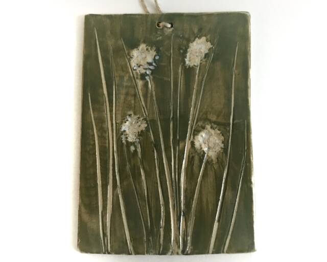 Chive Print. Ceramic Tile Wall Hanging. Symbol Of Strength & Protection. Green Art Decor. Botanical Herb Kitchen - image 1