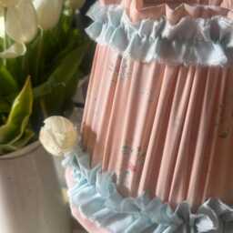 Handmade Pleated Lampshade - Vintage 1950S Peach Floral Fabric, Blue Frill Trim - thumbnail 3