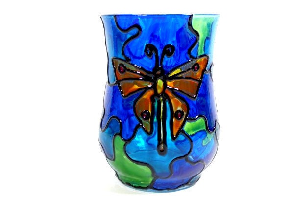 stained Glass Butterfly Candle Holder Hand Painted Light Tea Nightlight Lantern - image 1