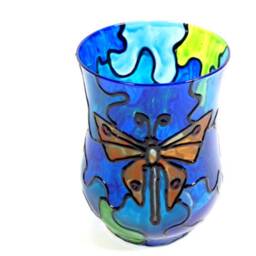 stained Glass Butterfly Candle Holder Hand Painted Light Tea Nightlight Lantern - thumbnail 3