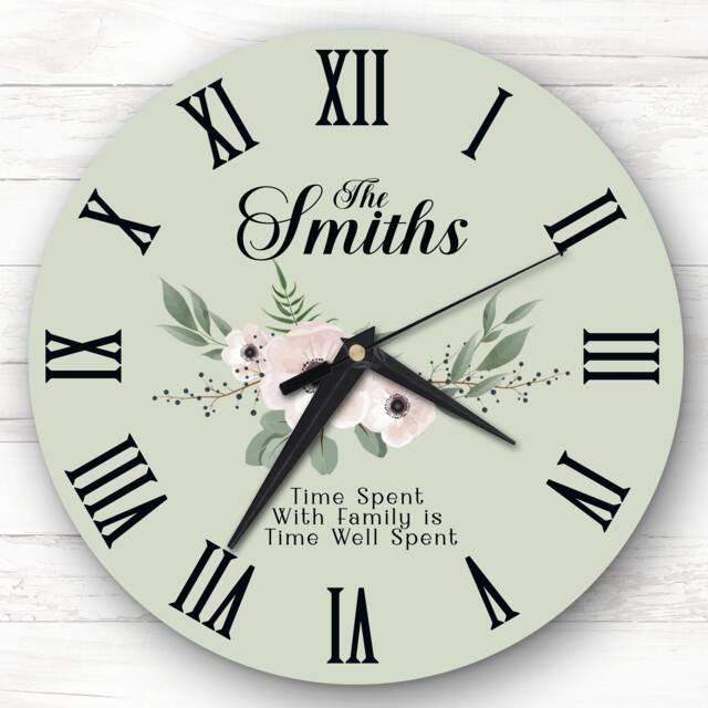 Family Floral Sage Green Background Personalised Gift Clock - image 1