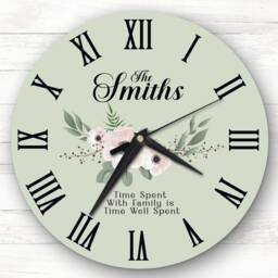 Family Floral Sage Green Background Personalised Gift Clock - thumbnail 1