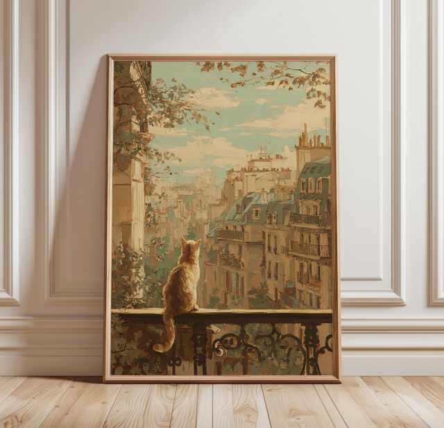 Orange Cat On Paris Balcony Poster, French Cityscape Window View Wall Art, Impressionist Pointillism Style, Unframed Vertical Paper Print - image 1