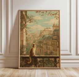 Orange Cat On Paris Balcony Poster, French Cityscape Window View Wall Art, Impressionist Pointillism Style, Unframed Vertical Paper Print - thumbnail 1