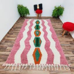 Pink Berber Runner Rug Authentic Moroccan Wool Striped Carpet - thumbnail 2