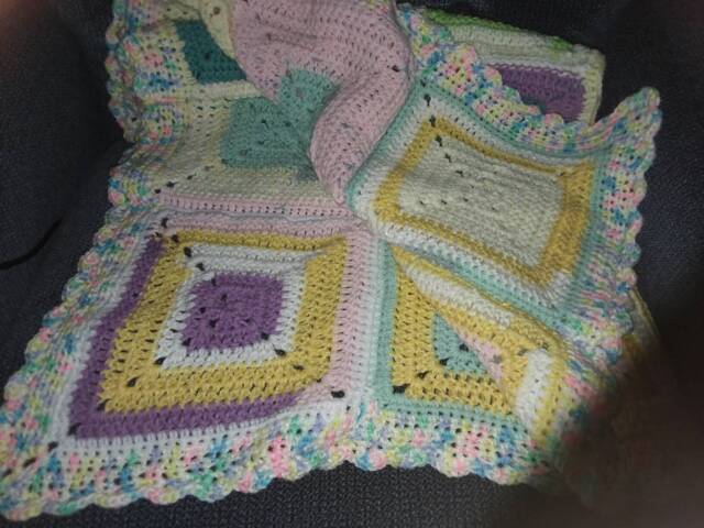 Hand-Crocheted Patchwork Baby Blanket Colorful Shell Border - image 1