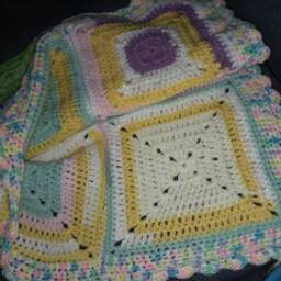 Hand-Crocheted Patchwork Baby Blanket Colorful Shell Border - thumbnail 2