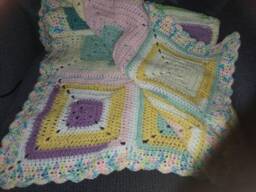 Hand-Crocheted Patchwork Baby Blanket Colorful Shell Border - thumbnail 1