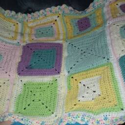 Hand-Crocheted Patchwork Baby Blanket Colorful Shell Border - thumbnail 3