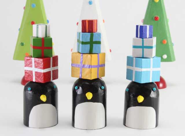 Holiday Penguins With Presents - Christmas Decoration Hanukkah Decor Christmukkah Wood Folk Art Animal Figures - image 1