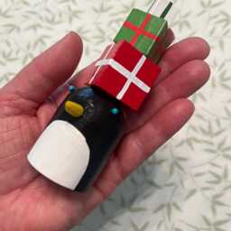 Holiday Penguins With Presents - Christmas Decoration Hanukkah Decor Christmukkah Wood Folk Art Animal Figures - thumbnail 3