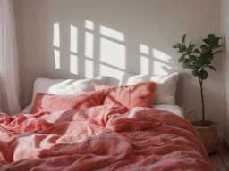 Coral Linen Bedding Set Rustic Duvet Cover & 2 Pillowcases Soft Medium Weight Bedding, Stonewashed Comfort