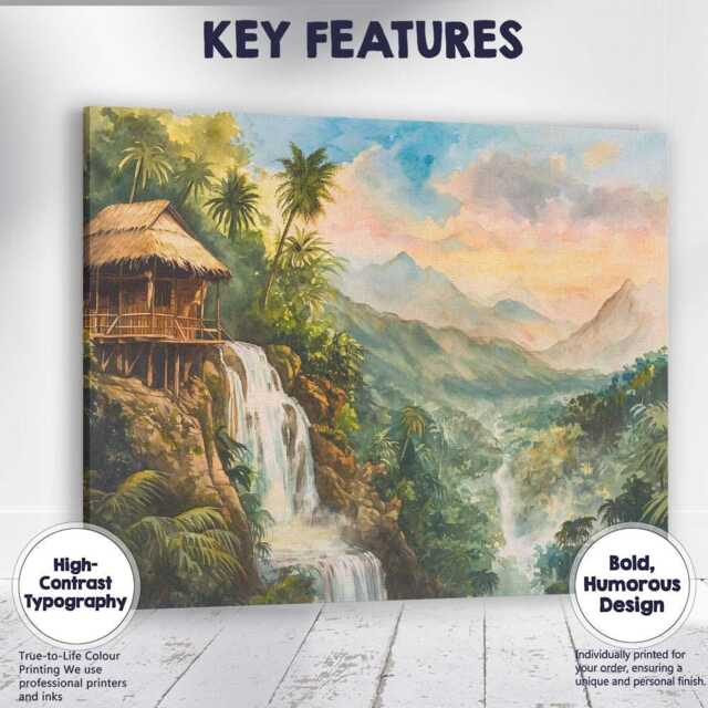 Tropical Waterfall Mountain Jungle Hut Landscape Canvas Wall Art Print Decor Picture Ready To Hang - image 1