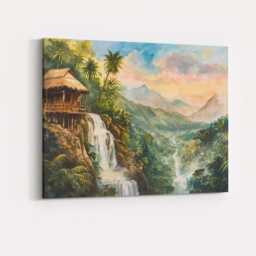 Tropical Waterfall Mountain Jungle Hut Landscape Canvas Wall Art Print Decor Picture Ready To Hang - thumbnail 4