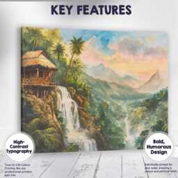 Tropical Waterfall Mountain Jungle Hut Landscape Canvas Wall Art Print Decor Picture Ready To Hang - thumbnail 1