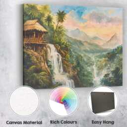 Tropical Waterfall Mountain Jungle Hut Landscape Canvas Wall Art Print Decor Picture Ready To Hang - thumbnail 2
