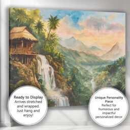 Tropical Waterfall Mountain Jungle Hut Landscape Canvas Wall Art Print Decor Picture Ready To Hang - thumbnail 3