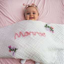 Custom Hand Embroidered Baby Swaddle, Personalized Name Blanket, Floral Blanket, Baby Announcement, Newborn Gift, Baby Shower Gift - thumbnail 1