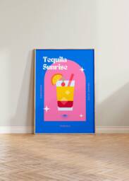 Tequila Sunrise Print, Retro Cocktail Poster, Bright Colourful Wall Art, Kitchen Decor, Dining Room Prints, Blue Pink Poster - thumbnail 1