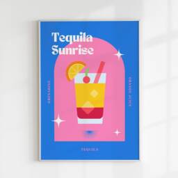 Tequila Sunrise Print, Retro Cocktail Poster, Bright Colourful Wall Art, Kitchen Decor, Dining Room Prints, Blue Pink Poster - thumbnail 2