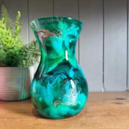 Hand Decorated 18cm Tall Green Turquoise & Teal Glass Vase Gold Copper Or Silver Design - thumbnail 3