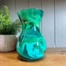 Hand Decorated 18cm Tall Green Turquoise & Teal Glass Vase Gold Copper Or Silver Design - thumbnail 2