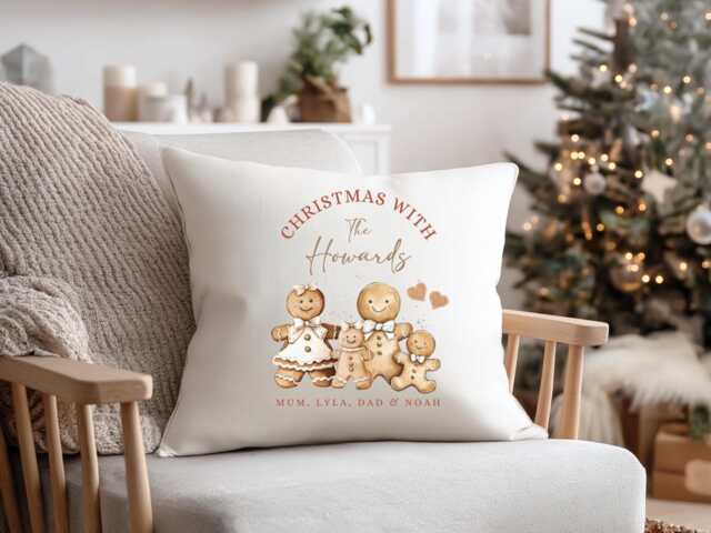 Personalised Gingerbread Family Christmas Cushion - Custom Name Pillow, Decor, Throw Blanket - image 1