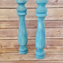 Distressed Turquoise Wood Candlesticks - Coastal Farmhouse Pillar Holders - thumbnail 3